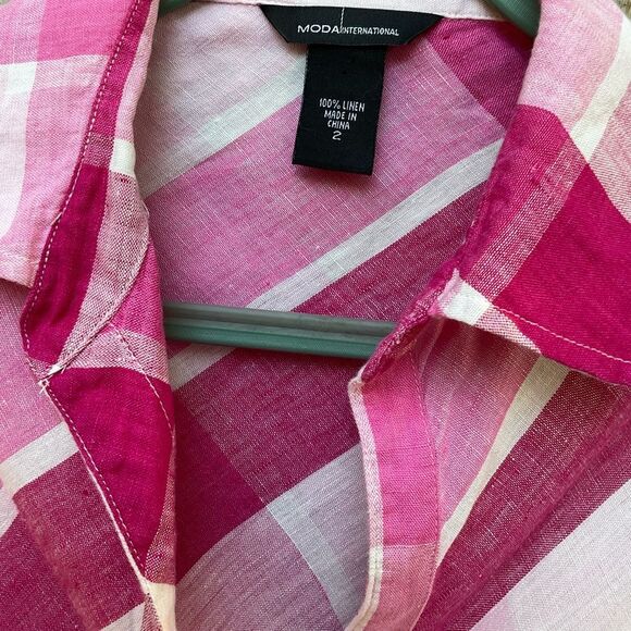 VS 100% Linen Pink Gingham Checkered Fitted Button Down Dress Size 2 - Picture 5 of 5